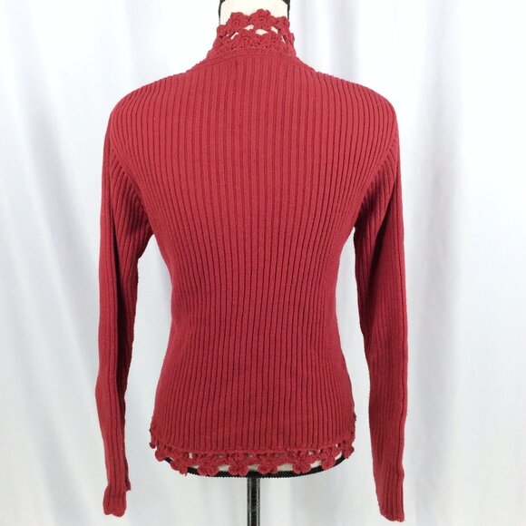 April Cornell Cardigan Sweater Womens Medium Red Ribbed Floral Crochet Button Up - Picture 3 of 9